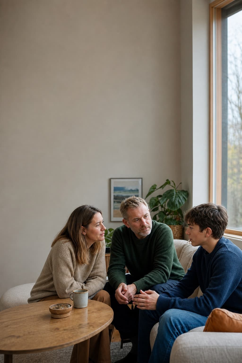 En familie som går sammen langs en rolig fjord